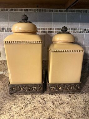 Gracious Goods Decorative Ceramic Canister Set with Ornate Bronze Bases